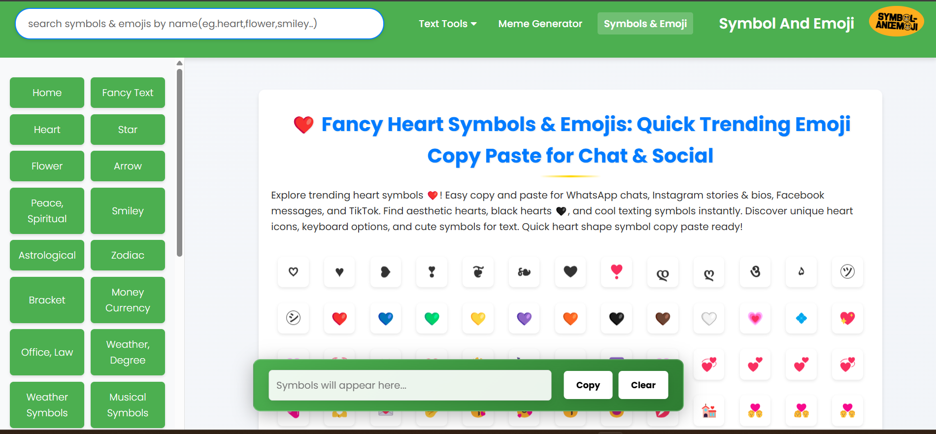 Symbol and Emoji Homepage Screenshot